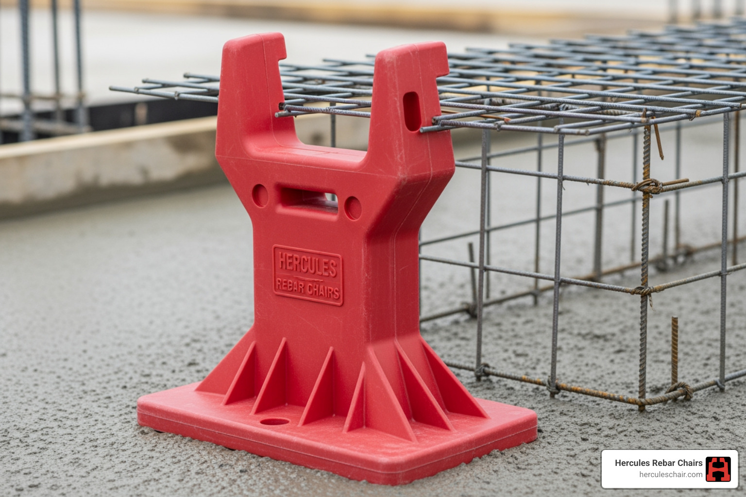 Close up of a red Hercules plastic mesh chair supporting wire mesh for a concrete pour Close up of a red Hercules plastic mesh chair supporting wire mesh for a concrete pour