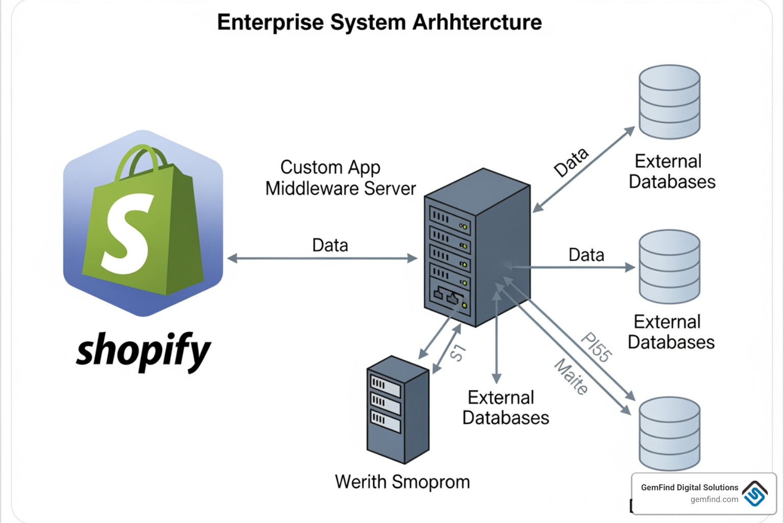 Enterprise app system diagram showing Shopify connecting to custom app middleware and external databases