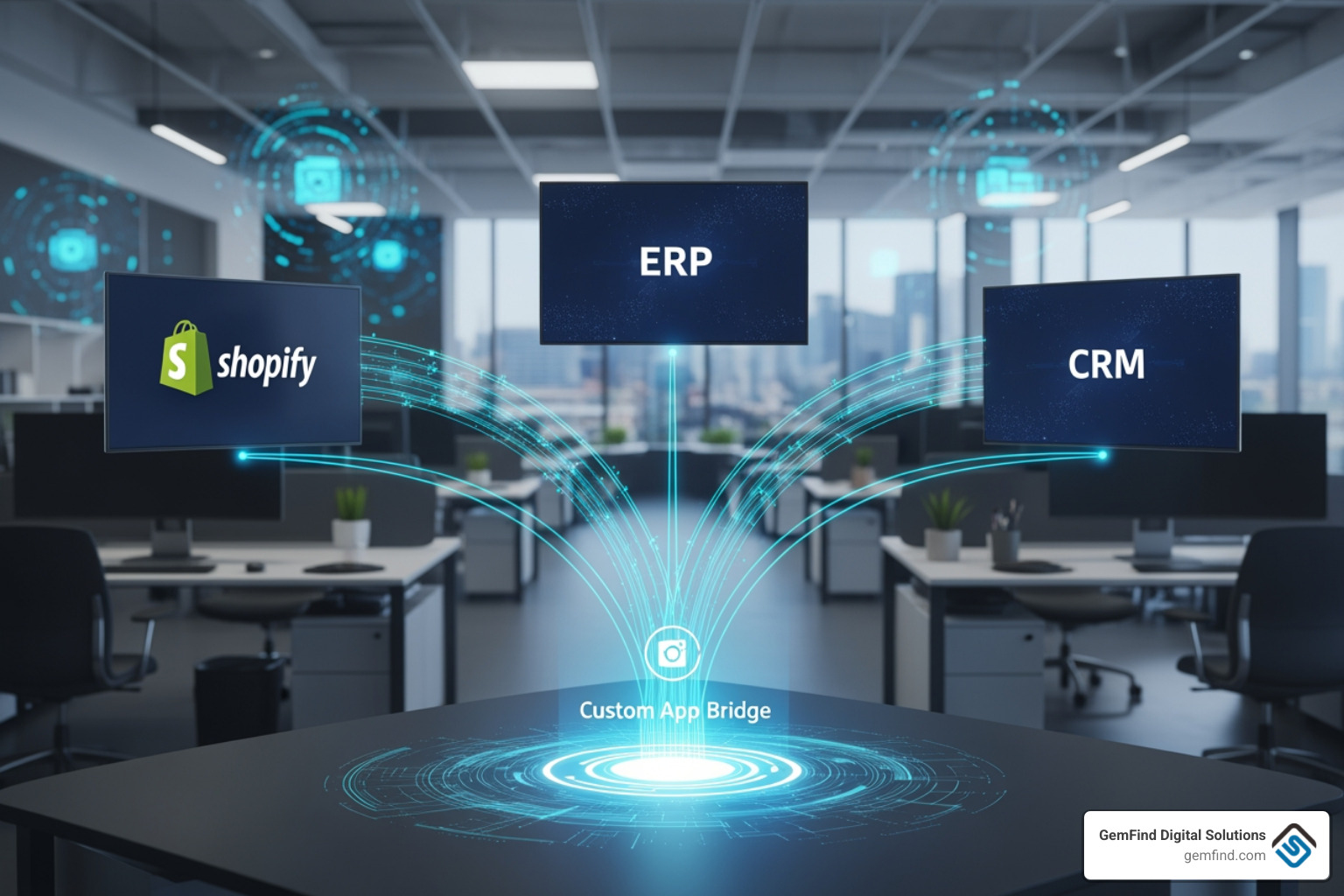 Integration flow map showing data moving between Shopify, ERP, and CRM via a custom app bridge