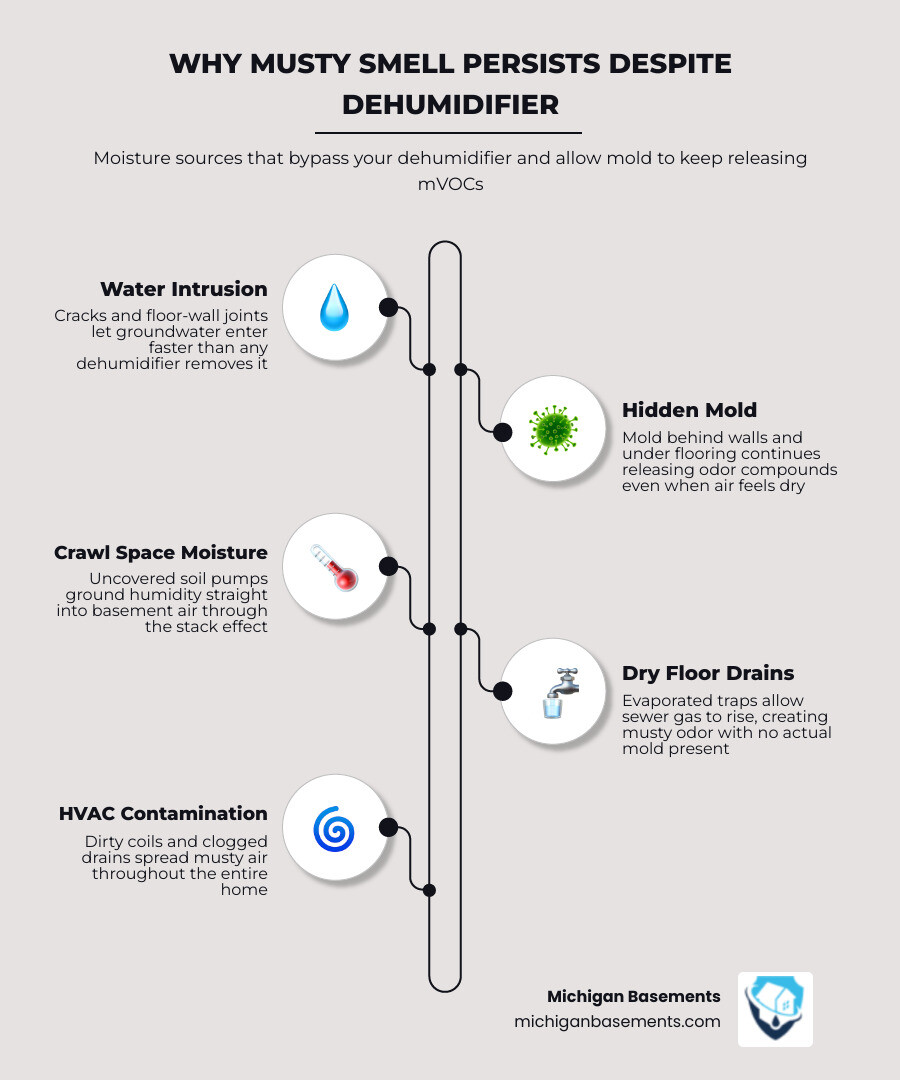 Infographic showing how basement air rises through a home via the stack effect, carrying musty odors to living areas