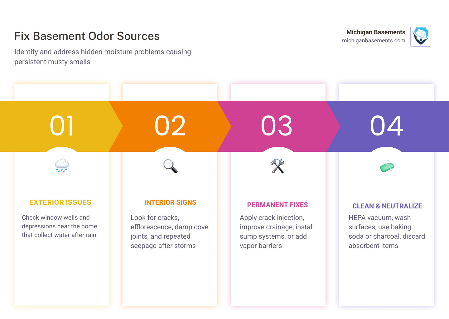 infographic of basement odor causes and fixes infographic