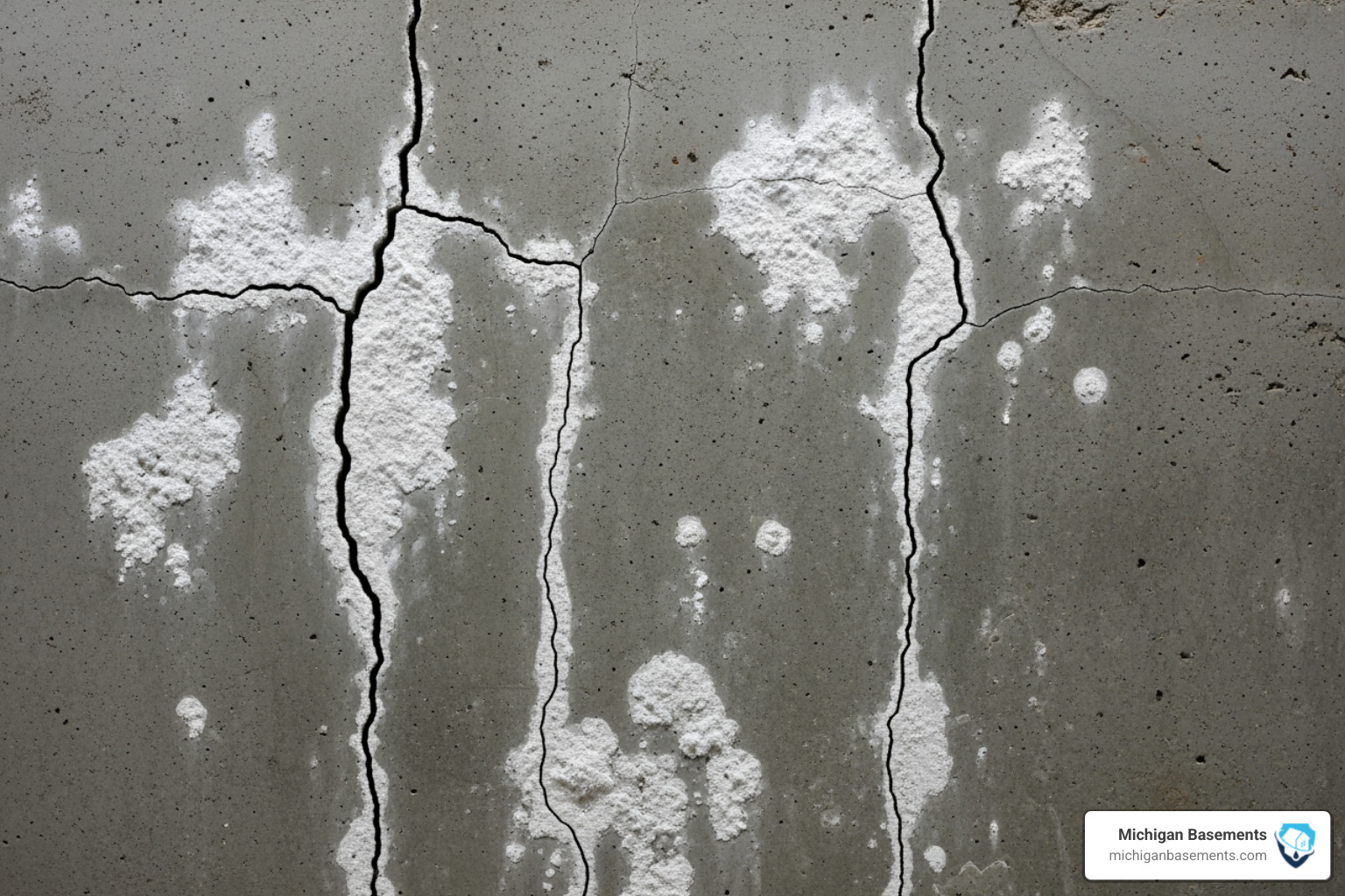 foundation cracks with efflorescence in basement wall