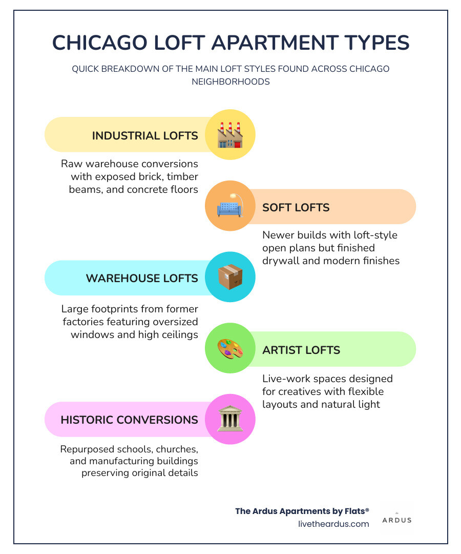 Chicago loft apartment types, neighborhoods, and key features overview infographic infographic