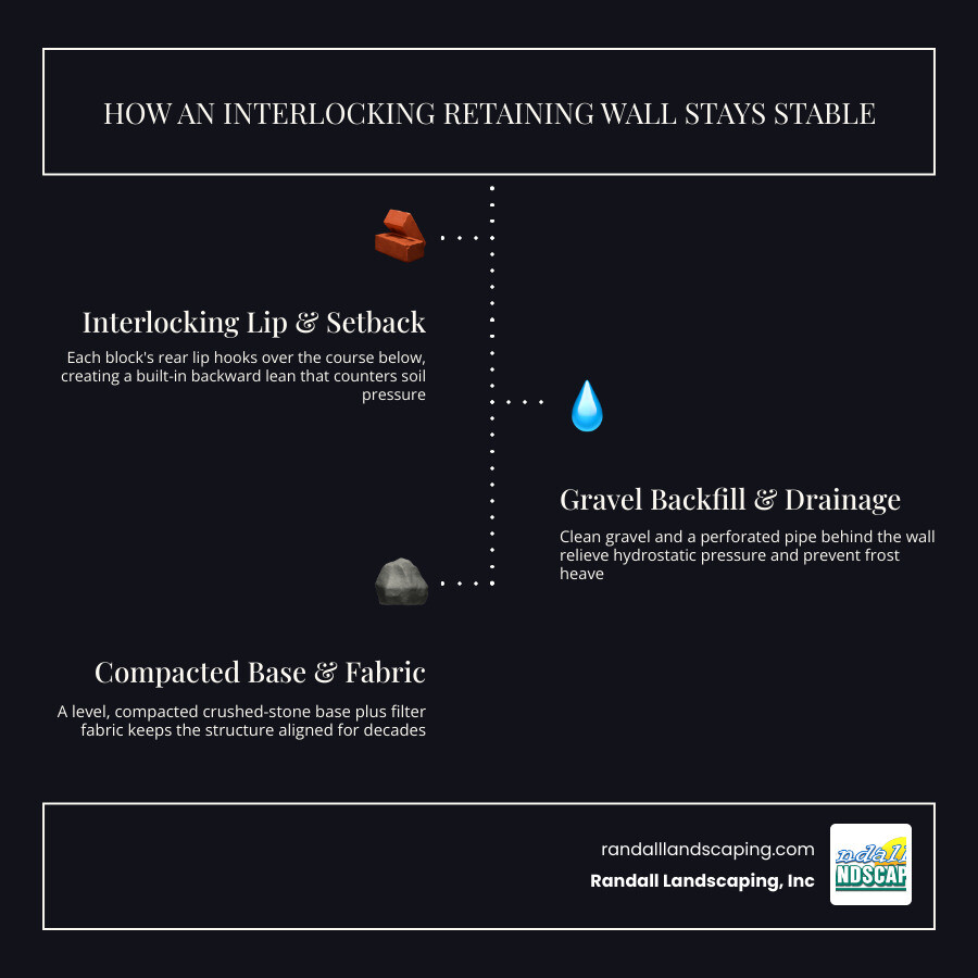 Infographic showing how an interlocking retaining wall works: block lip, setback angle, gravel backfill, perforated pipe