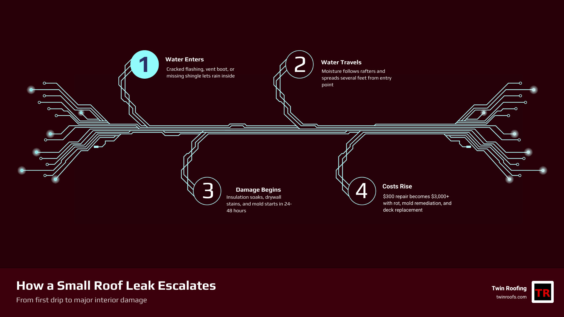 Infographic: how a small roof leak progresses from ceiling stain to mold, rot, and structural damage infographic Infographic: how a small roof leak progresses from ceiling stain to mold, rot, and structural damage infographic