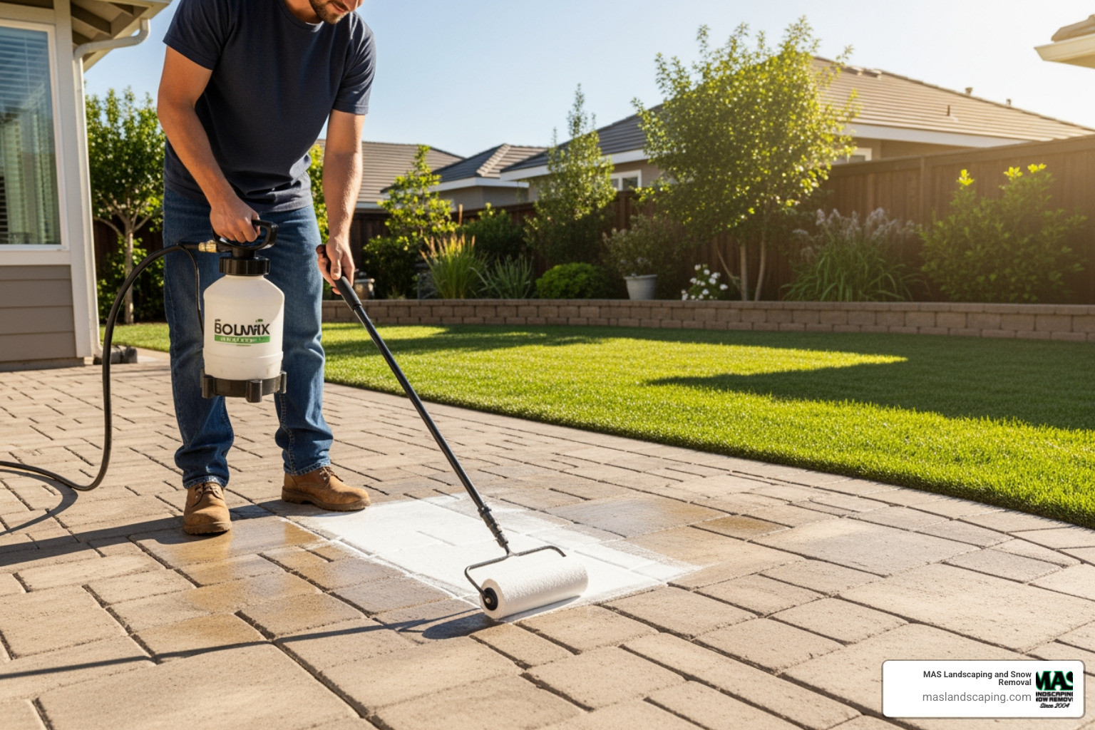 sprayer and roller applying patio sealer