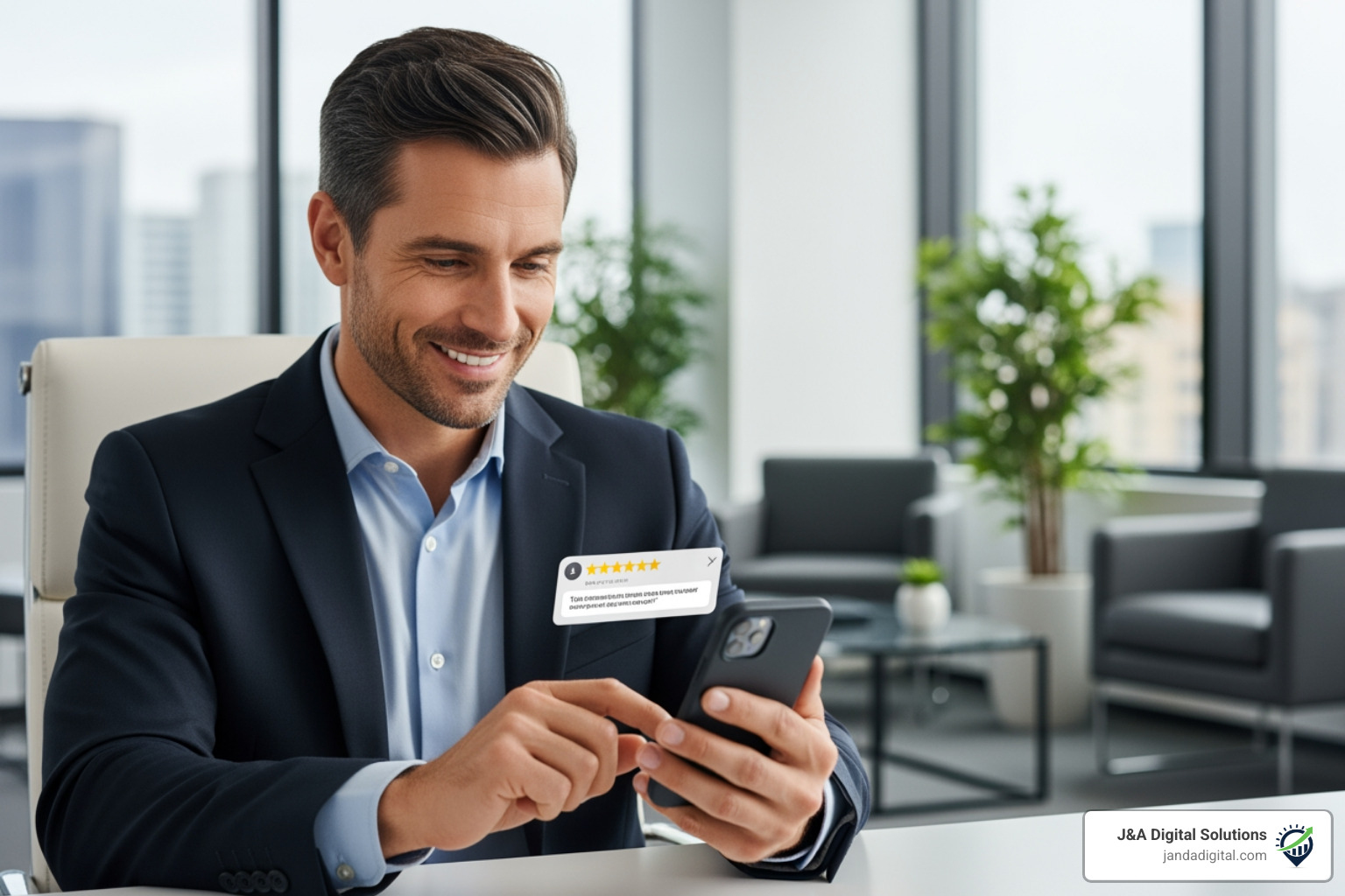 A business owner professionally responding to a customer review on a mobile device