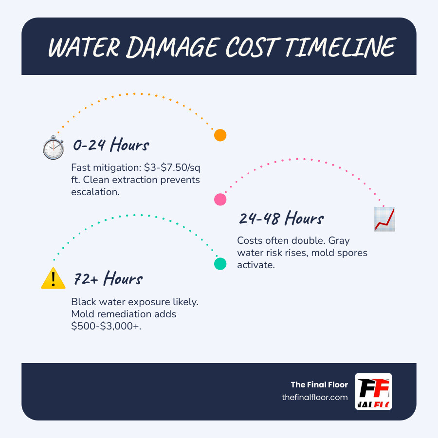 Water damage repair cost timeline infographic showing cost escalation from hour 0 to 72+ hours by damage category infographic
