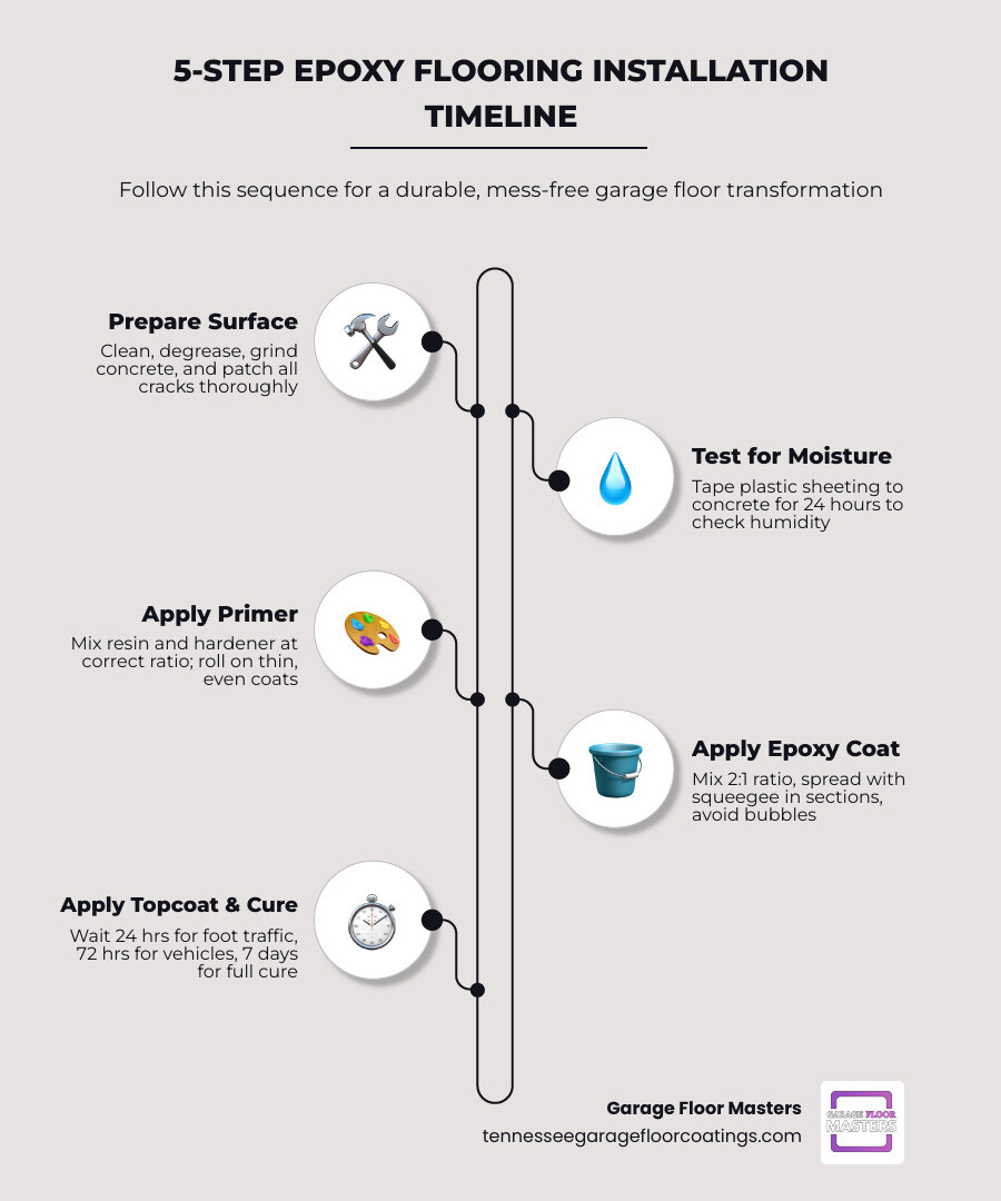 5-step epoxy flooring installation timeline infographic showing prep to cure infographic 5-step epoxy flooring installation timeline infographic showing prep to cure infographic