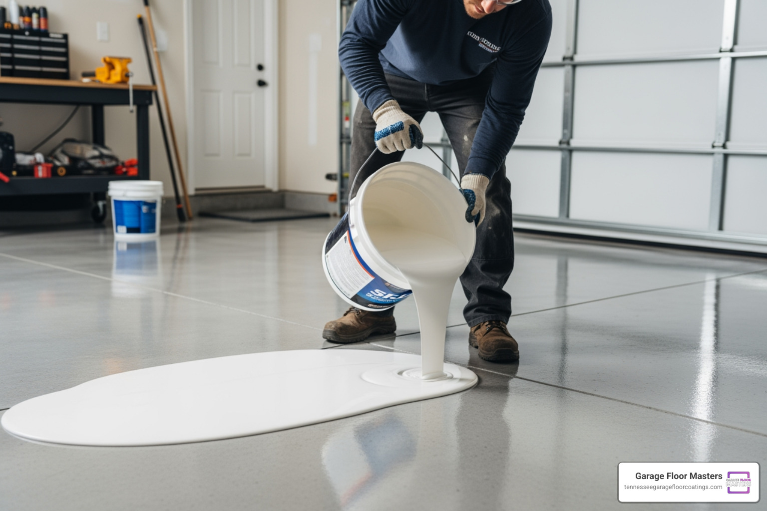 technician pouring epoxy coating onto prepared garage floor technician pouring epoxy coating onto prepared garage floor