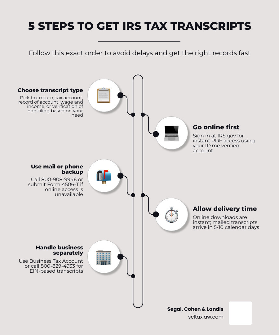 5-step infographic showing how to get IRS tax transcripts: choose type, go online, request by mail/phone, check timing