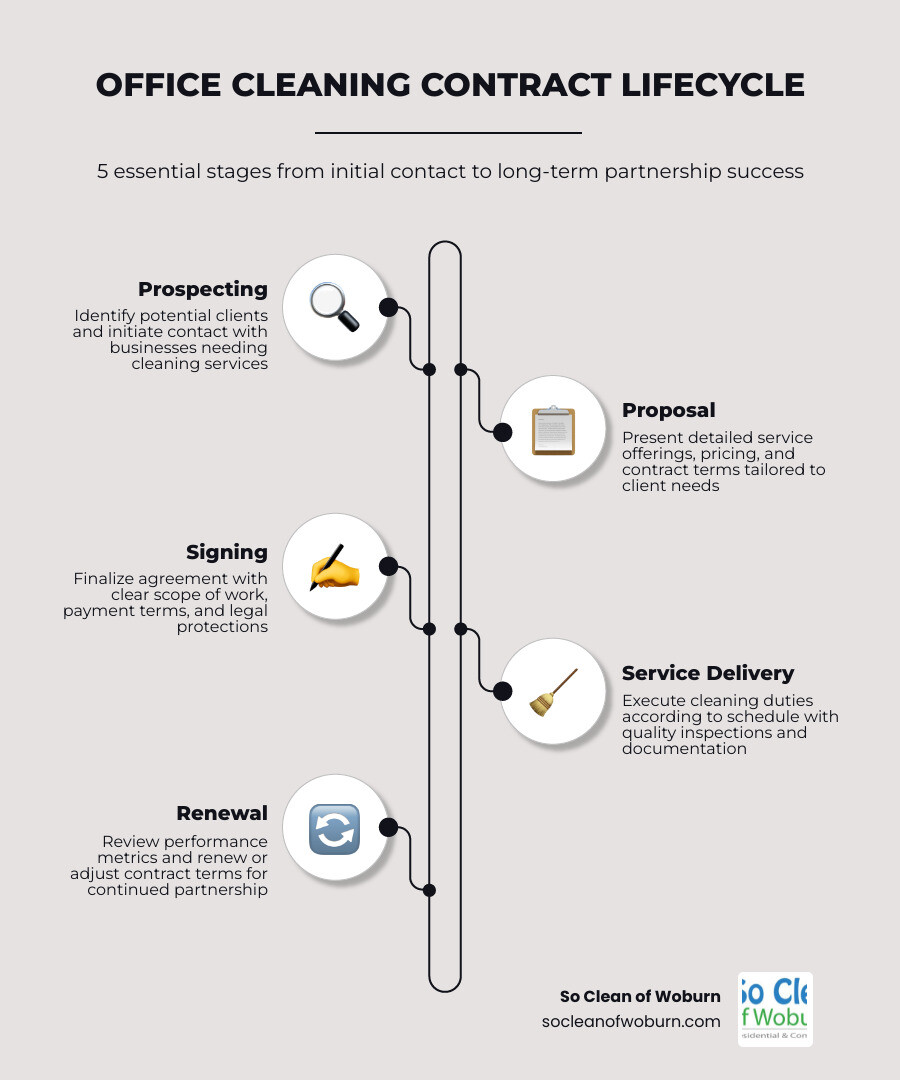 5 stages of a cleaning contract lifecycle: prospecting, proposal, signing, service delivery, renewal infographic 5 stages of a cleaning contract lifecycle: prospecting, proposal, signing, service delivery, renewal infographic