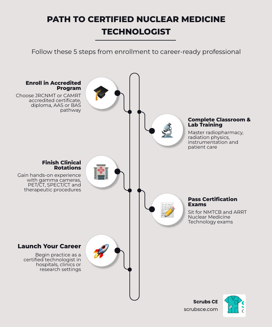 Infographic showing path from student to certified nuclear medicine technologist: accredited program, clinical training Infographic showing path from student to certified nuclear medicine technologist: accredited program, clinical training