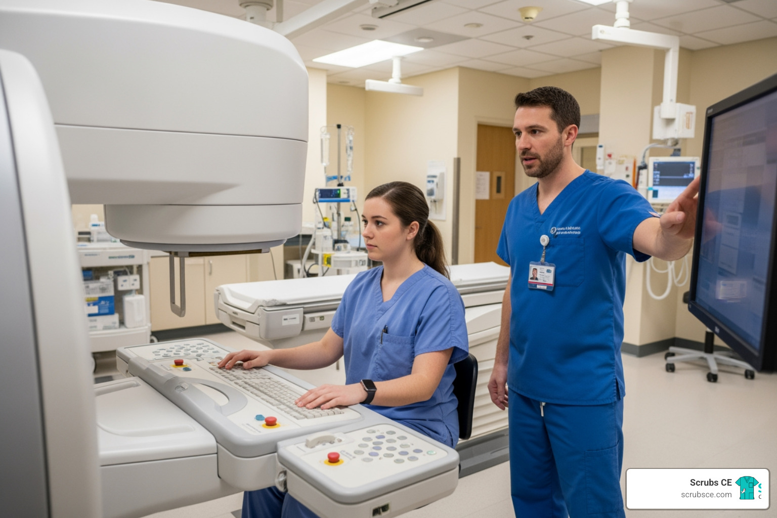 Nuclear medicine student in clinical practicum with scanner and instructor Nuclear medicine student in clinical practicum with scanner and instructor