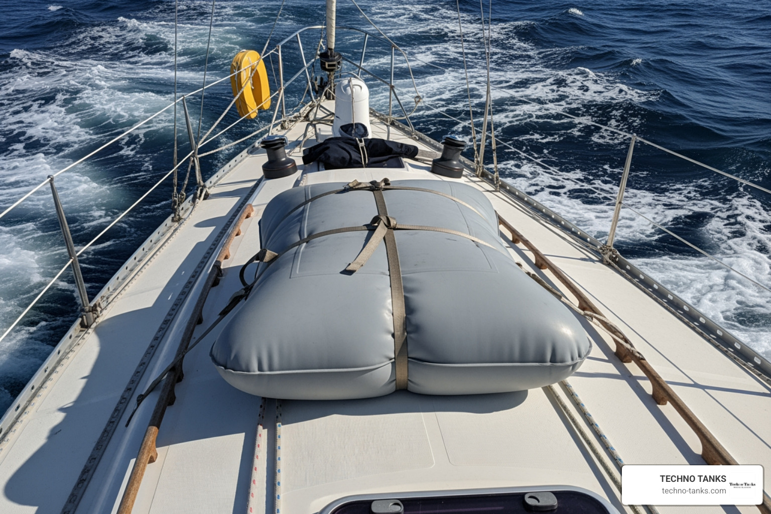 marine fuel bladder secured on deck for offshore passage marine fuel bladder secured on deck for offshore passage