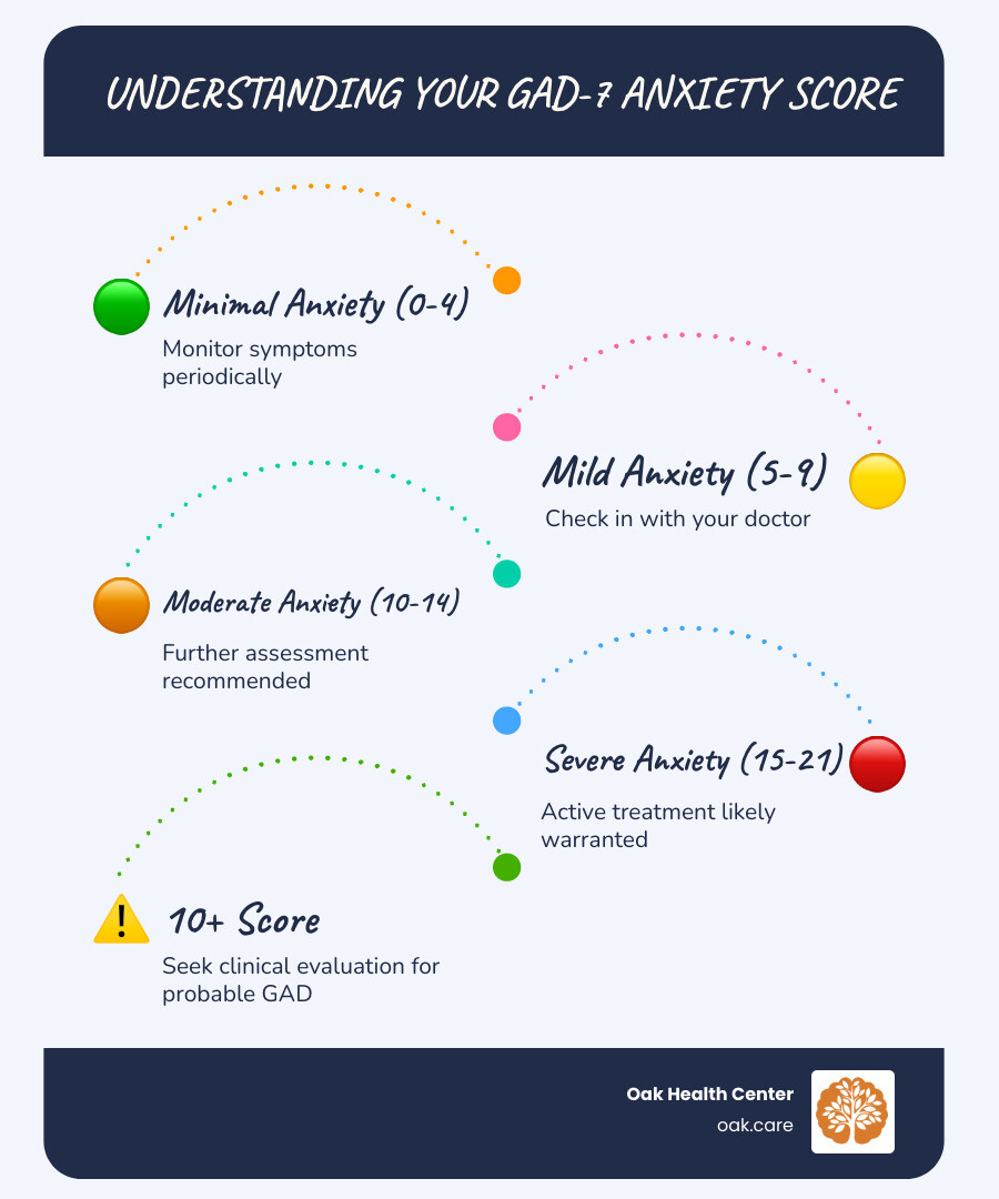 GAD-7 anxiety score ranges from 0-21 with severity bands and clinical recommendations infographic infographic