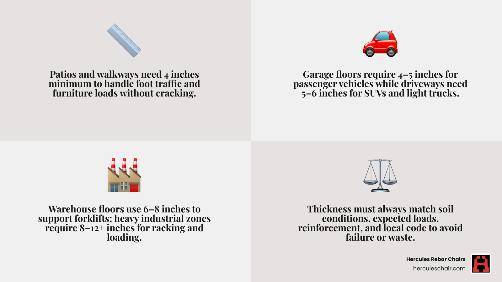 standard slab-on-grade assembly layers and thickness zones infographic
