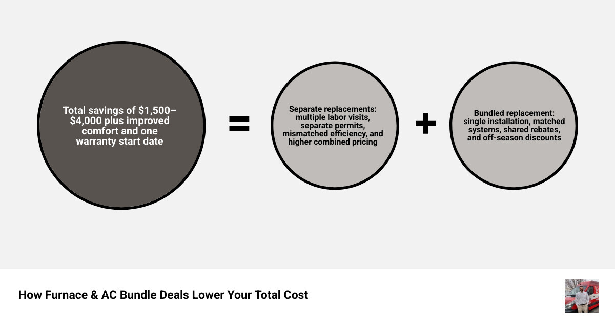 Infographic showing how furnace and AC replacement deals lower total project cost through bundling, rebates, and financing Infographic showing how furnace and AC replacement deals lower total project cost through bundling, rebates, and financing