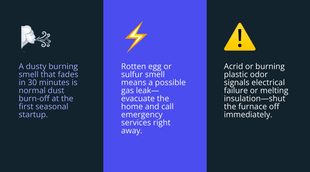 Common furnace smell types ranked by severity from harmless dust to dangerous gas leak infographic Common furnace smell types ranked by severity from harmless dust to dangerous gas leak infographic