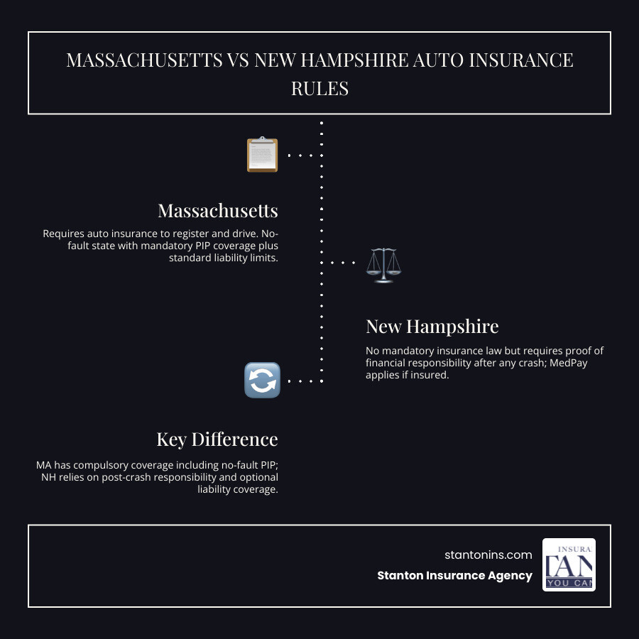 Massachusetts vs New Hampshire auto insurance basics infographic Massachusetts vs New Hampshire auto insurance basics infographic