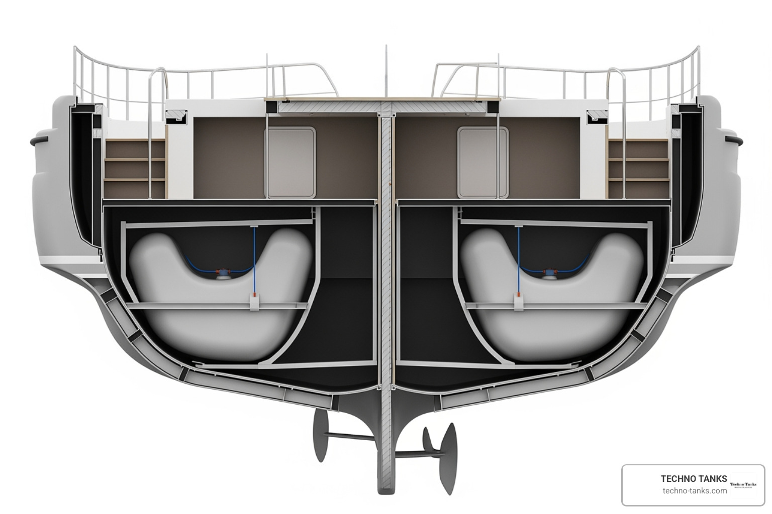 Cross-section of a boat hull showing port and starboard saddle fuel tank placement Cross-section of a boat hull showing port and starboard saddle fuel tank placement