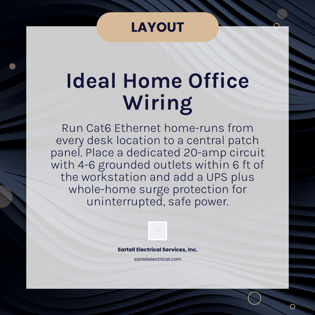 Ideal home office wiring layout showing Ethernet drops, dedicated circuits, patch panel, UPS, and outlet placement