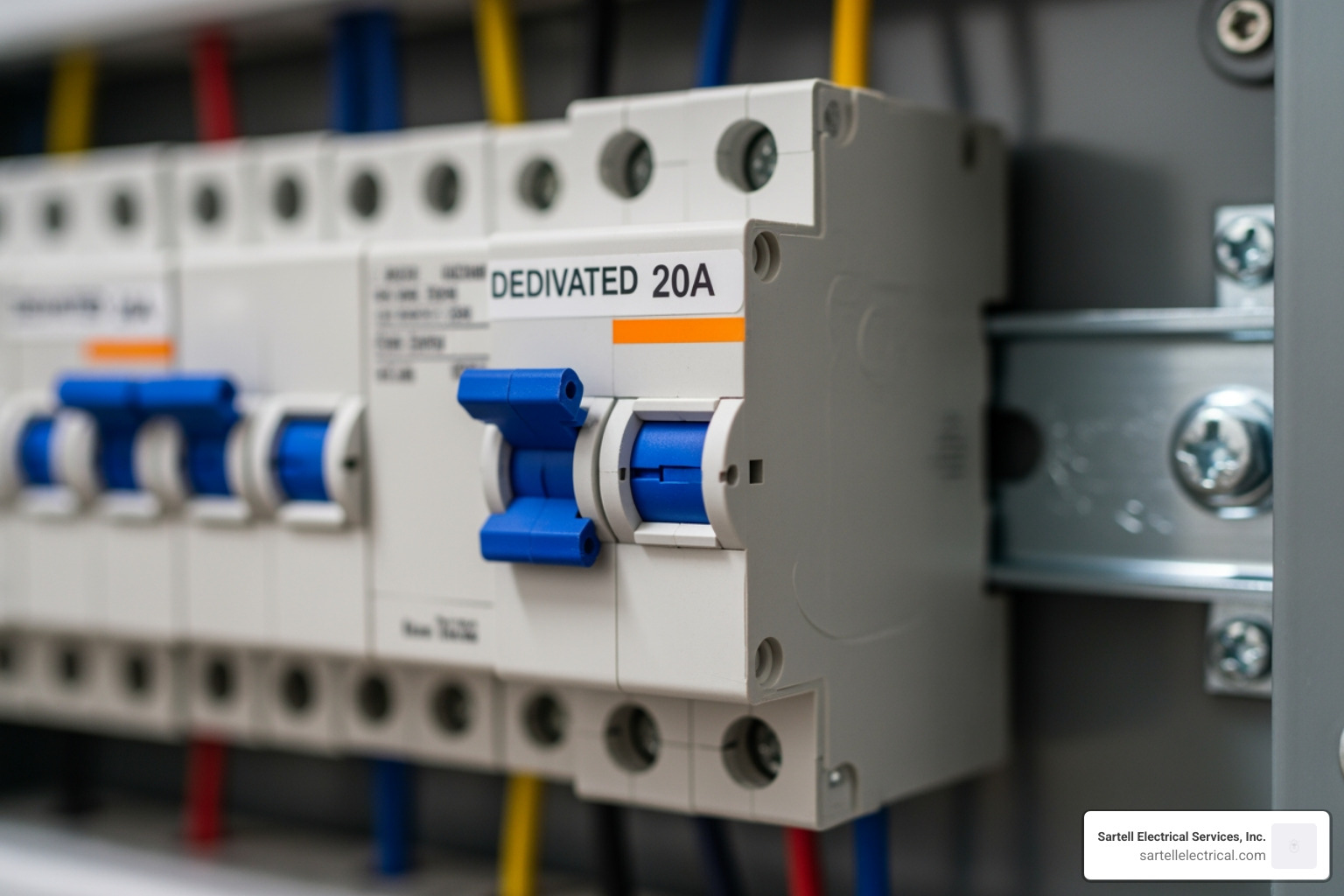 Close-up of a dedicated 20-amp breaker in a modern electrical panel