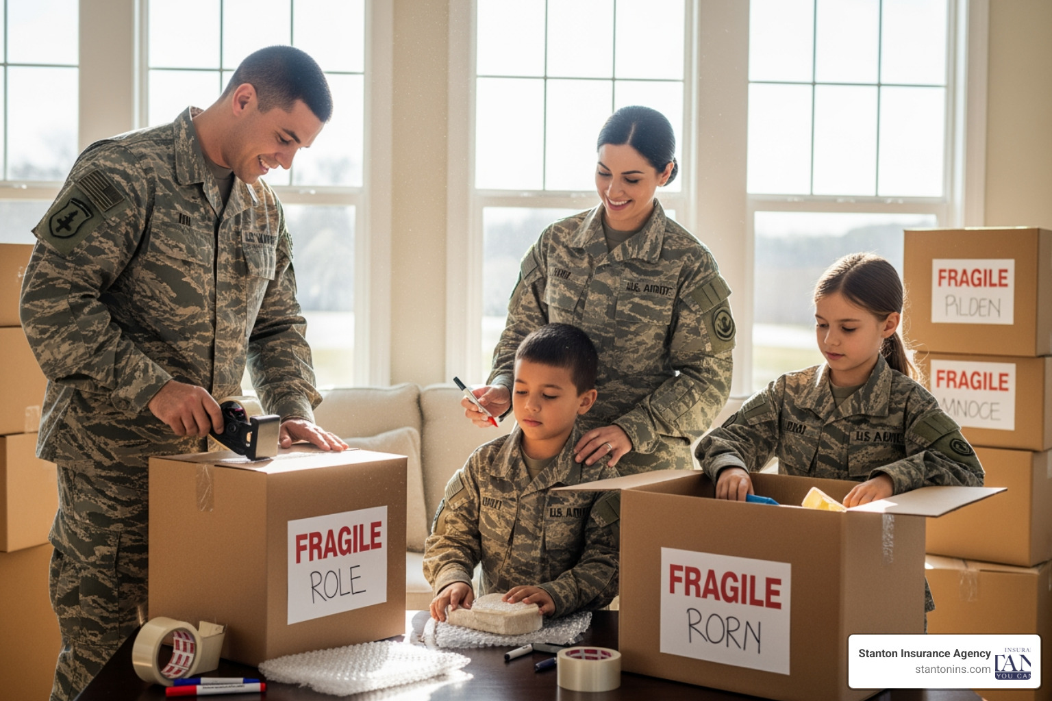 A military family in uniform smiling while packing boxes in a sunlit living room, symbolizing a fresh start at a new duty