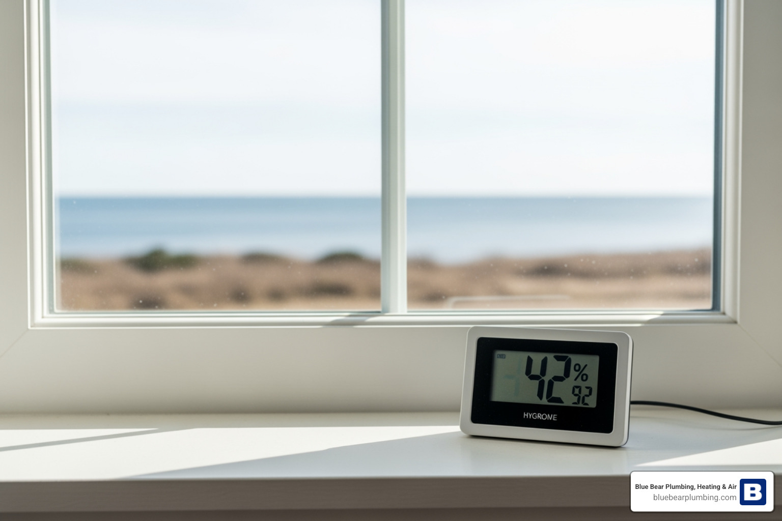 Home hygrometer showing healthy indoor humidity in a coastal Massachusetts living room Home hygrometer showing healthy indoor humidity in a coastal Massachusetts living room