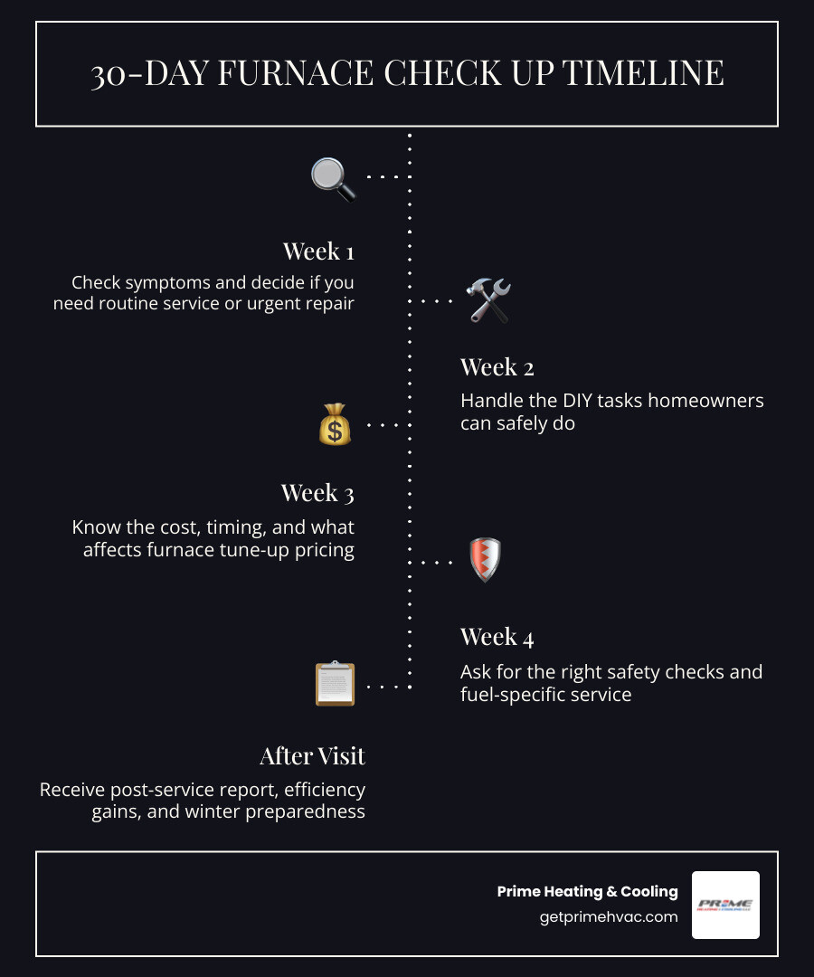 30-day furnace inspection timeline with weekly steps from symptom check to post-service report infographic