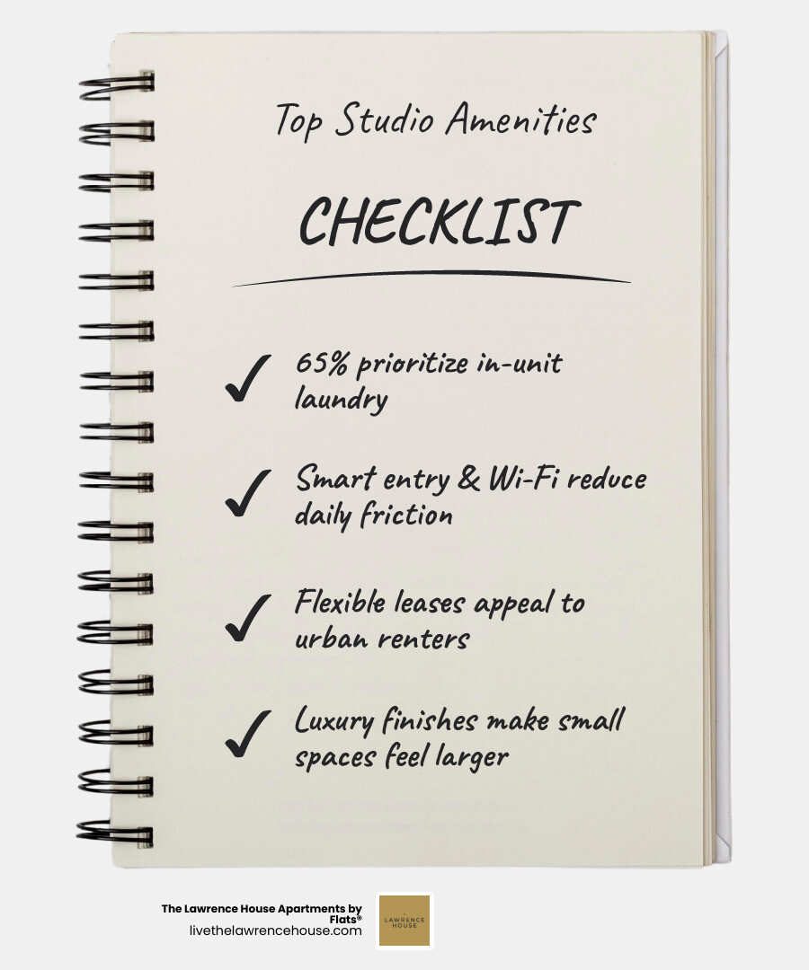 Key modern studio home amenities: smart tech, in-unit laundry, luxury finishes, community perks infographic Key modern studio home amenities: smart tech, in-unit laundry, luxury finishes, community perks infographic