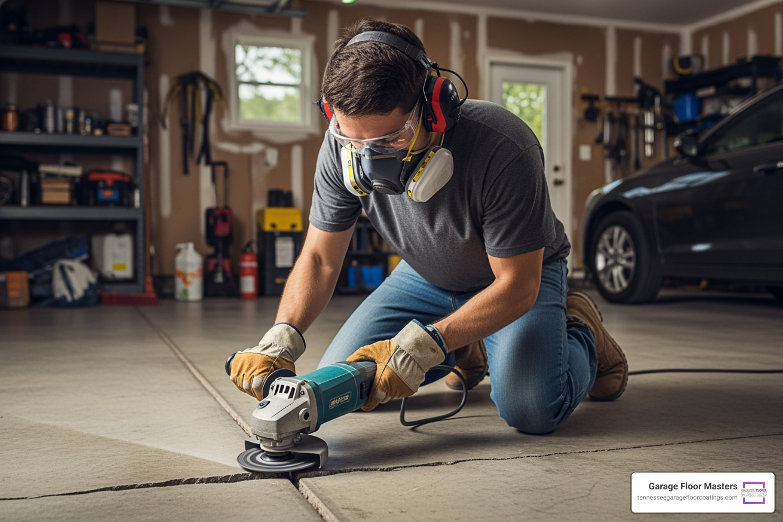 DIY crack chasing with angle grinder on garage floor DIY crack chasing with angle grinder on garage floor
