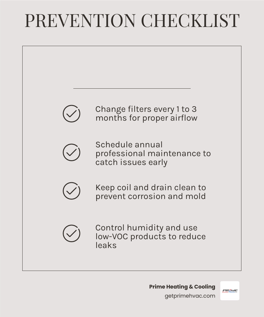 Infographic with Rhode Island evaporator coil leak prevention tips infographic