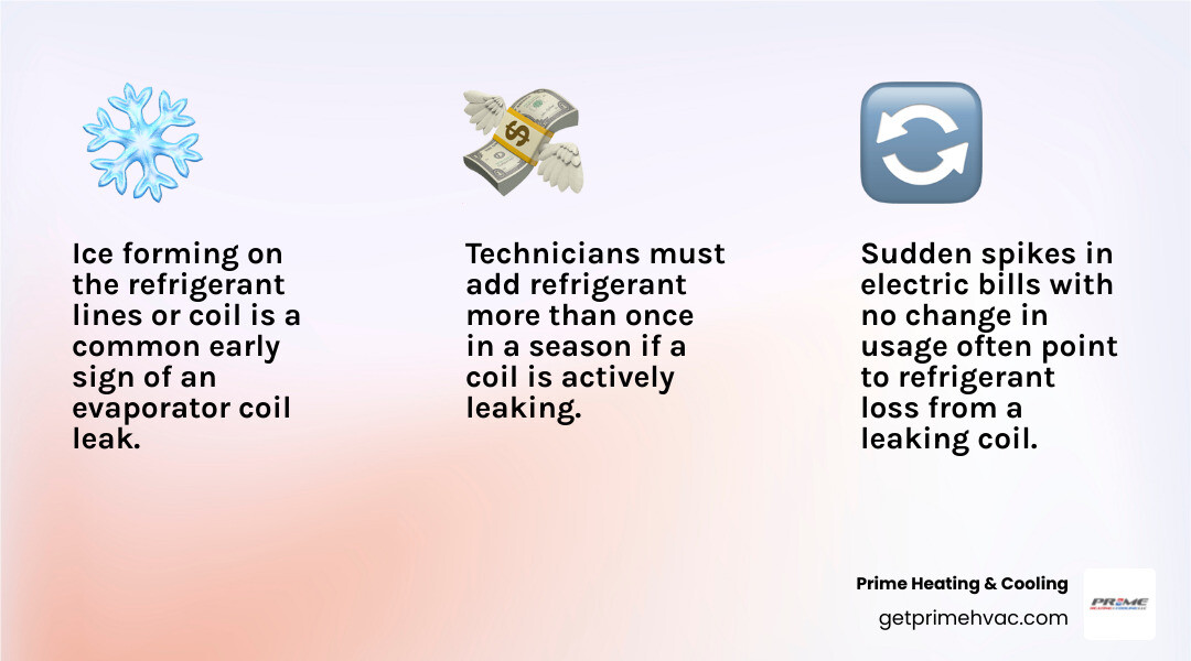 Infographic showing HVAC evaporator coil leak signs, causes, and what to do next infographic