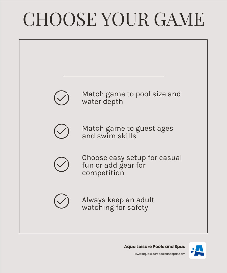 Infographic showing how to choose poolside games by age group pool size and skill level infographic Infographic showing how to choose poolside games by age group pool size and skill level infographic