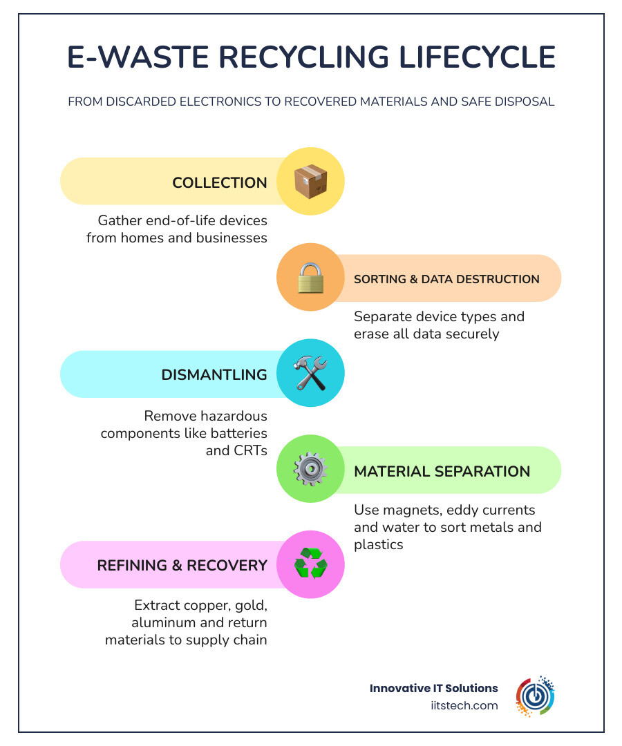 E-waste recycling lifecycle infographic showing collection, sorting, data destruction, shredding, material recovery, and