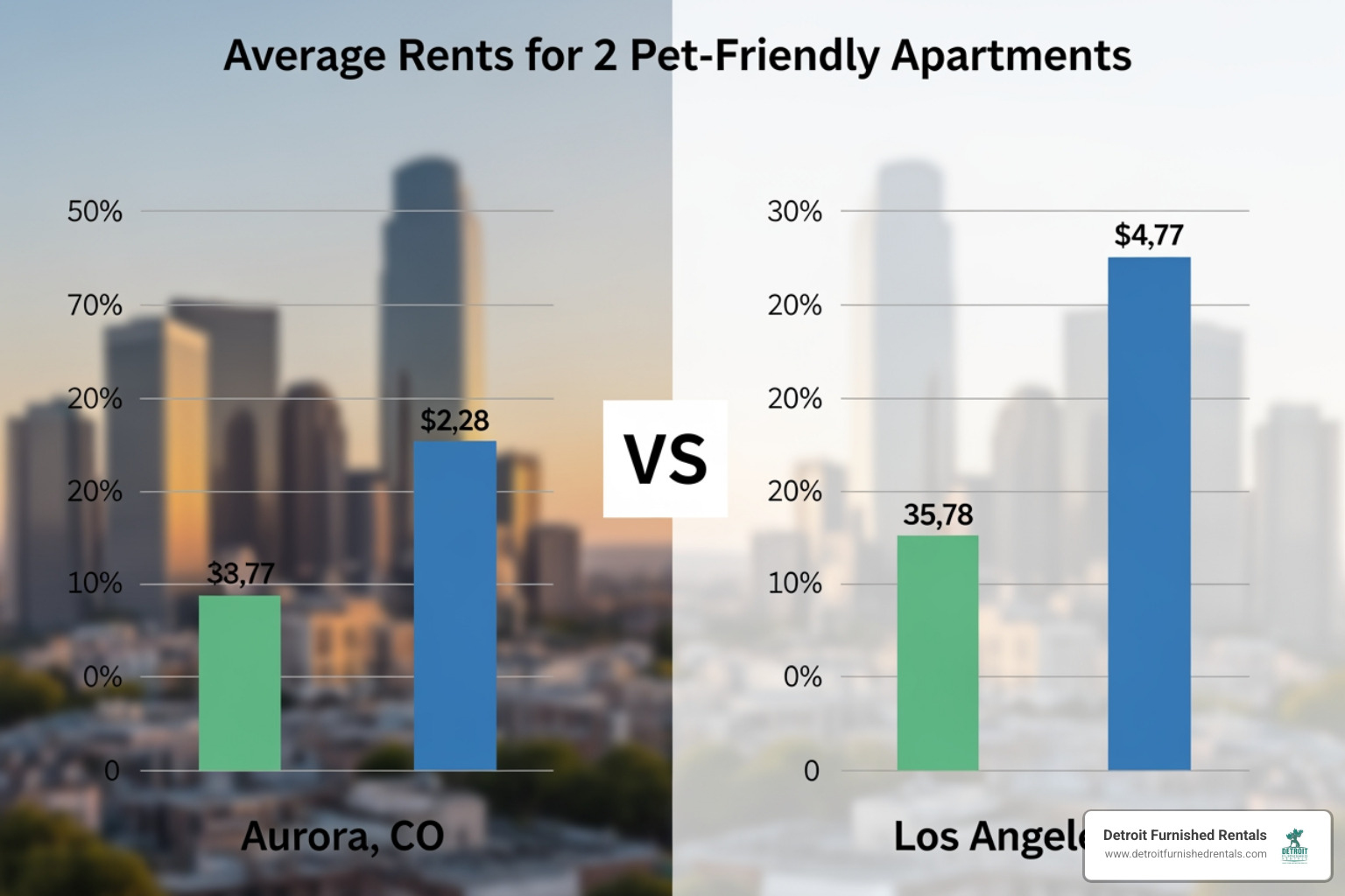 Comparison chart showing average rent for pet-friendly 2-bedroom apartments in Aurora vs Los Angeles