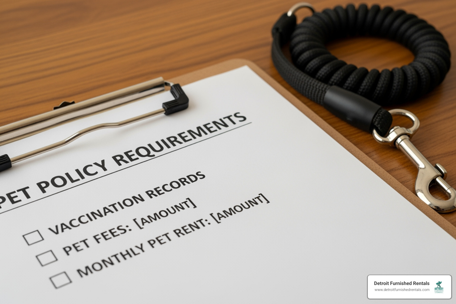 Checklist of common pet policy requirements including vaccinations and fees