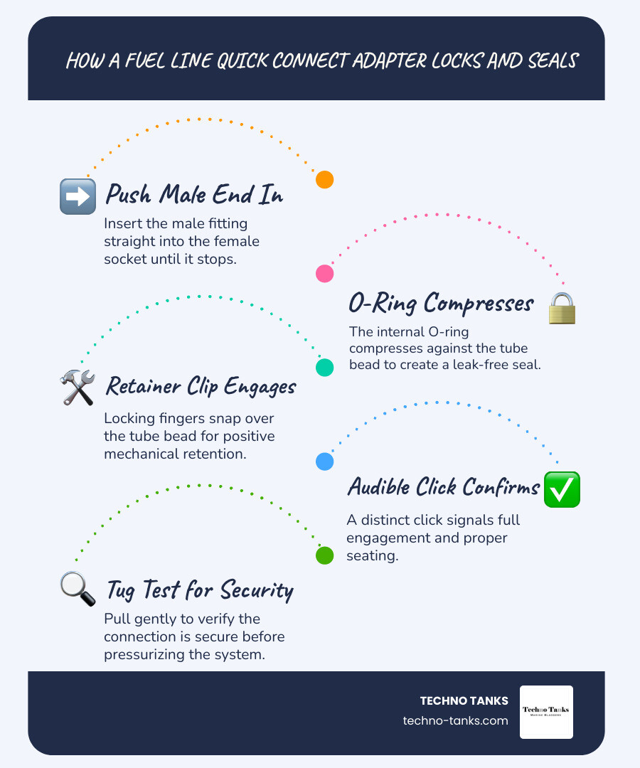 Infographic showing how a quick connect fitting locks with retaining clip and O-ring seal, with common types and sizes Infographic showing how a quick connect fitting locks with retaining clip and O-ring seal, with common types and sizes