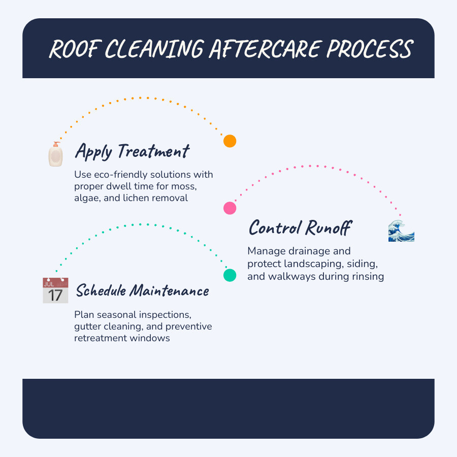 Infographic showing roof cleaning process: inspection, treatment, rinse control, aftercare infographic Infographic showing roof cleaning process: inspection, treatment, rinse control, aftercare infographic