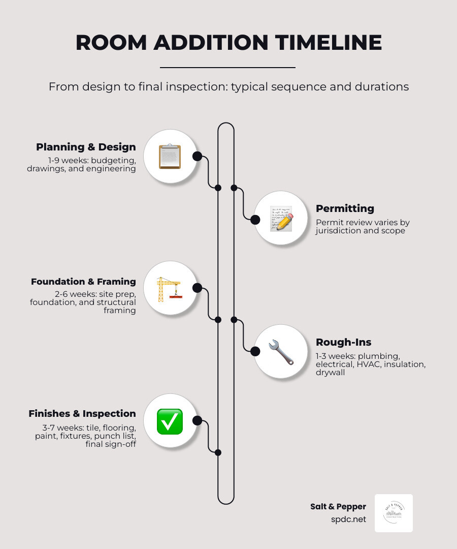 infographic of room addition timeline from design to final inspection infographic