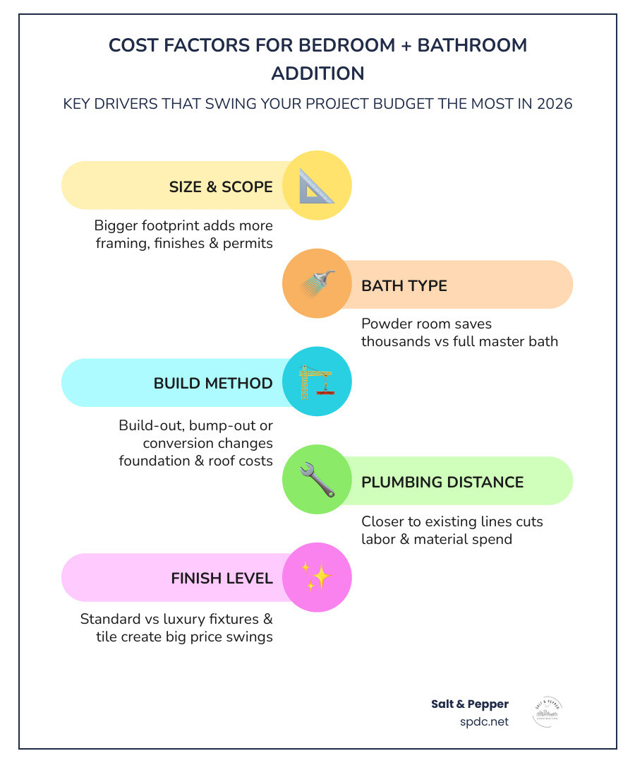 Infographic showing cost ranges and project phases for adding a bedroom and bathroom to a house infographic