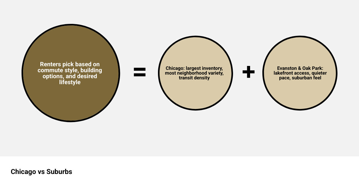 Comparison infographic of Chicago, Evanston, and Oak Park rental search factors infographic