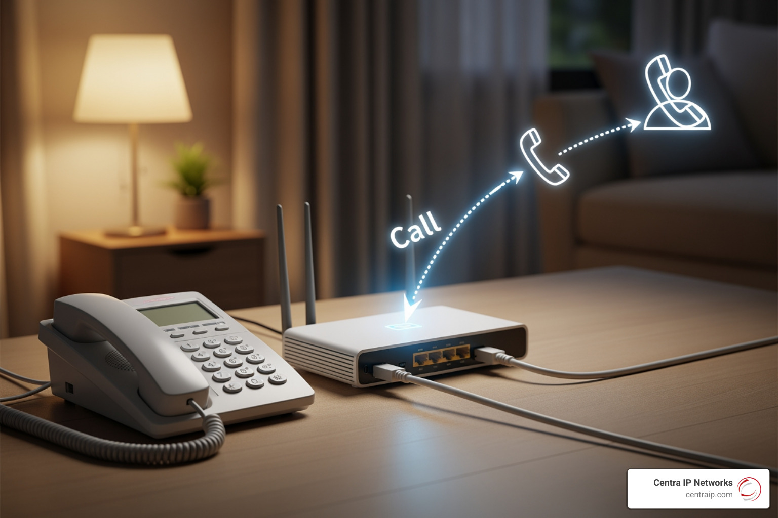 VoIP call path from home phone to router to internet to recipient VoIP call path from home phone to router to internet to recipient