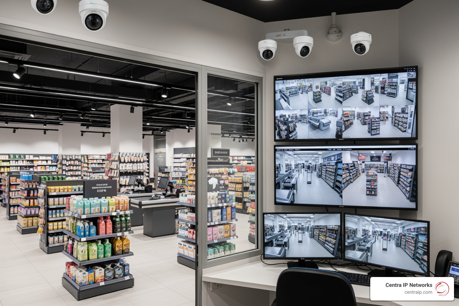 A secure, modern retail environment with high-tech cameras and a professional monitoring station A secure, modern retail environment with high-tech cameras and a professional monitoring station