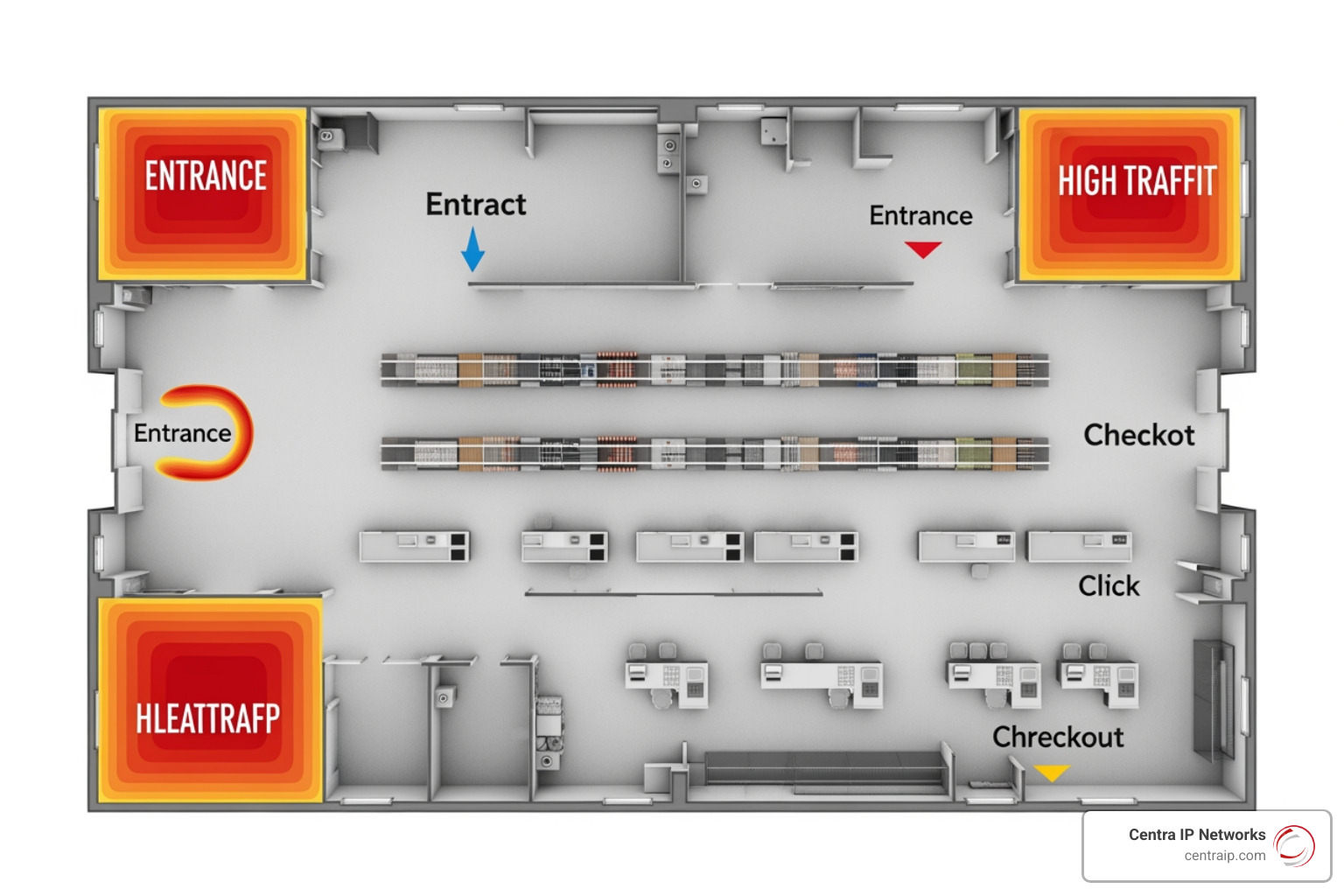 Retail floor plan showing camera heatmaps and optimal placement for entrances, aisles, and POS stations Retail floor plan showing camera heatmaps and optimal placement for entrances, aisles, and POS stations