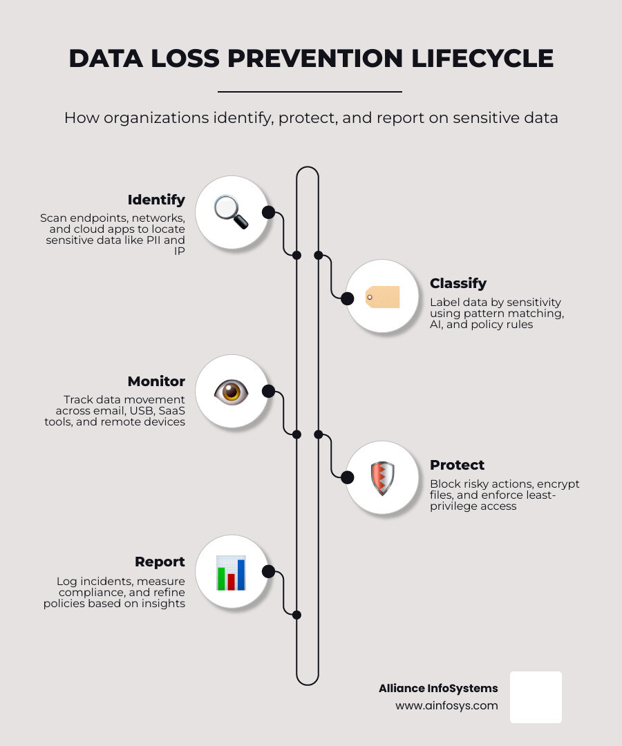Data loss prevention lifecycle: identify, classify, monitor, protect, report infographic Data loss prevention lifecycle: identify, classify, monitor, protect, report infographic