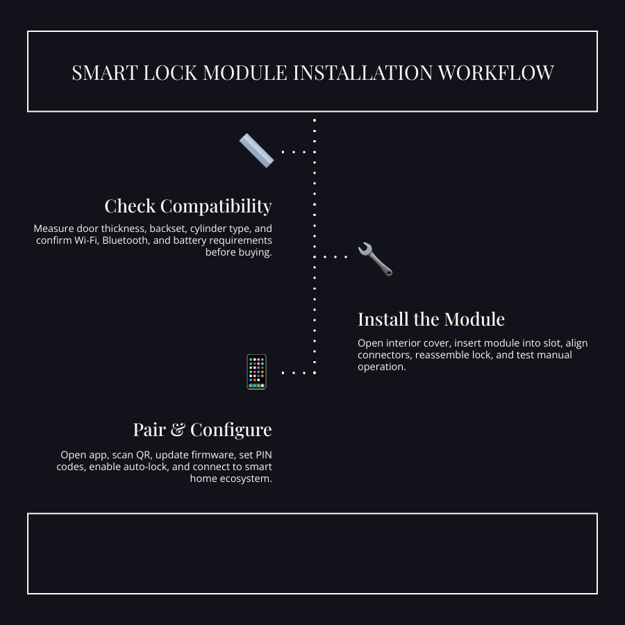 Smart lock module installation workflow infographic showing steps from compatibility check to app setup infographic