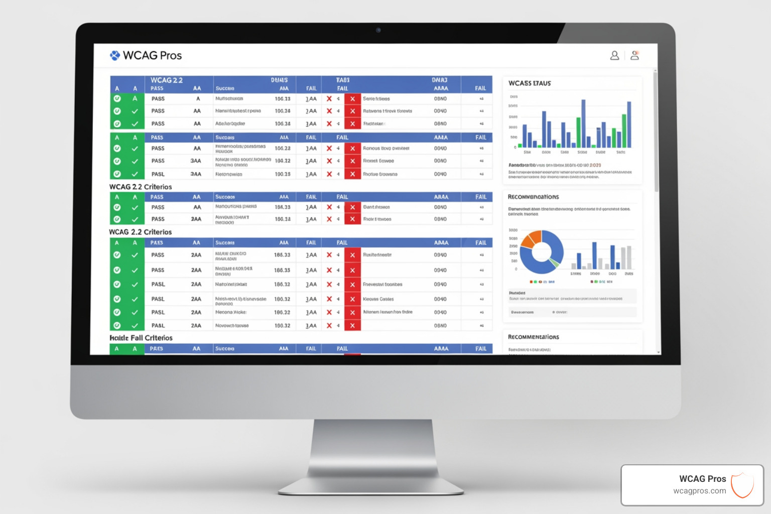 A sample accessibility audit report showing pass/fail status for WCAG 2.2 criteria A sample accessibility audit report showing pass/fail status for WCAG 2.2 criteria