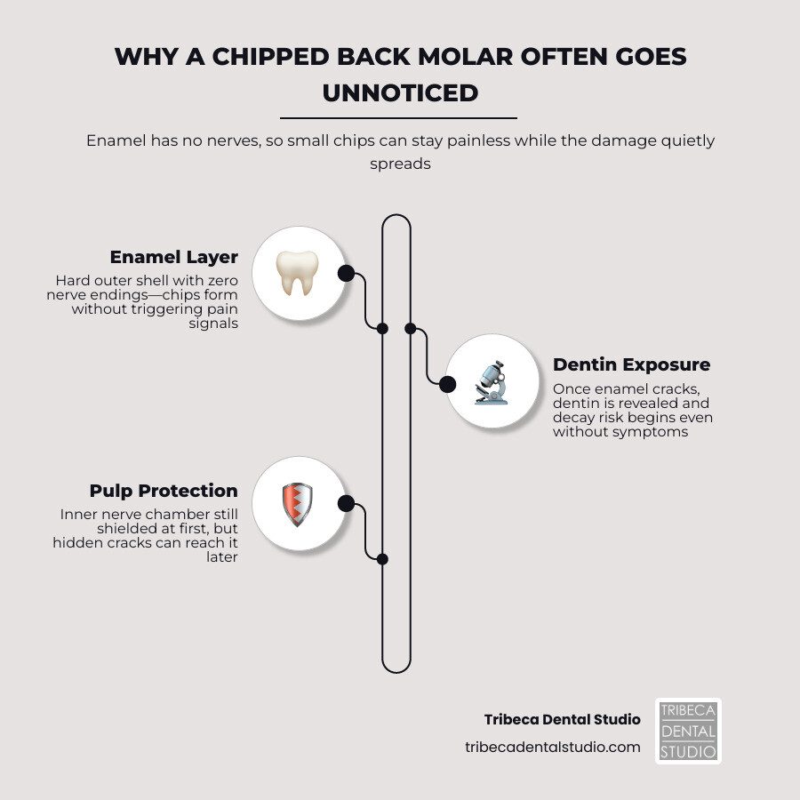 Infographic showing tooth layers: enamel, dentin, pulp, and why back molar chips occur without pain infographic Infographic showing tooth layers: enamel, dentin, pulp, and why back molar chips occur without pain infographic